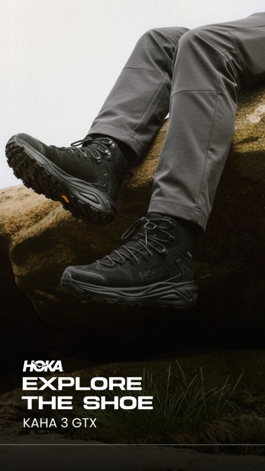 HOKA Kaha 3 GTX product story design on rocks